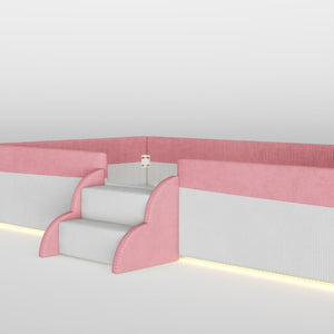 English Elm Full Size Corduroy Floor Bed with Padded Guardrails Steps and LED Underlighting Pink+White SF000221AAH