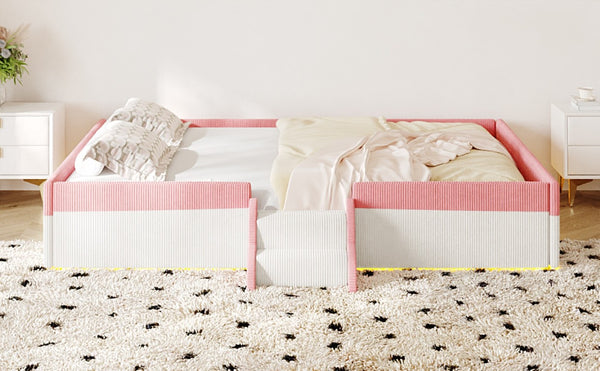 English Elm Full Size Corduroy Floor Bed with Padded Guardrails Steps and LED Underlighting Pink+White SF000221AAH