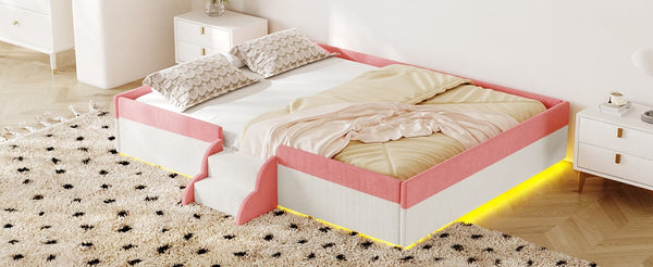 English Elm Full Size Corduroy Floor Bed with Padded Guardrails Steps and LED Underlighting Pink+White SF000221AAH