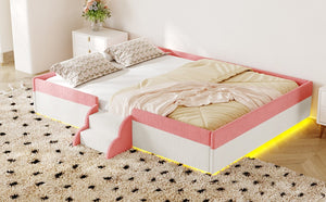 English Elm Full Size Corduroy Floor Bed with Padded Guardrails Steps and LED Underlighting Pink+White SF000221AAH