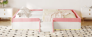 English Elm Full Size Corduroy Floor Bed with Padded Guardrails Steps and LED Underlighting Pink+White SF000221AAH