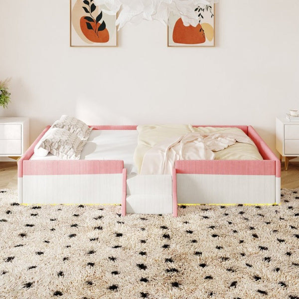 English Elm Full Size Corduroy Floor Bed with Padded Guardrails Steps and LED Underlighting Pink+White SF000221AAH