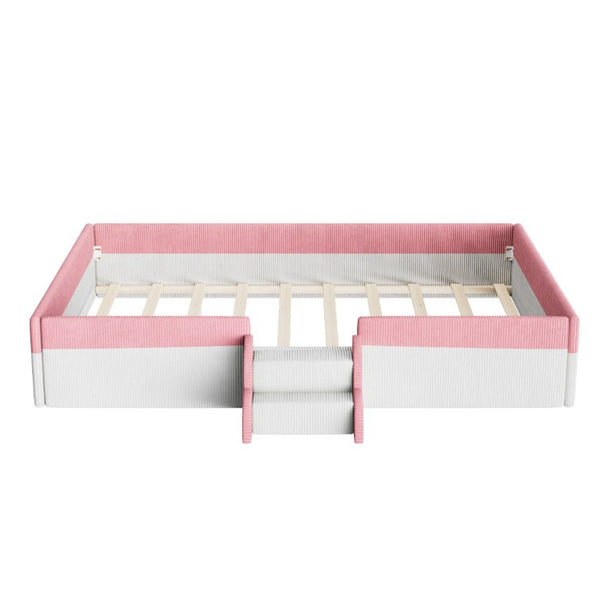 English Elm Full Size Corduroy Floor Bed with Padded Guardrails Steps and LED Underlighting Pink+White SF000221AAH