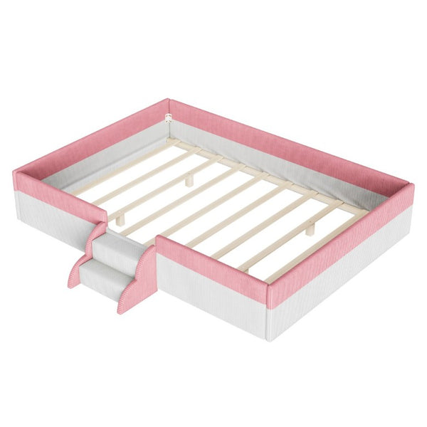 English Elm Full Size Corduroy Floor Bed with Padded Guardrails Steps and LED Underlighting Pink+White SF000221AAH