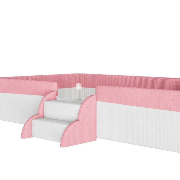 English Elm Full Size Corduroy Floor Bed with Padded Guardrails Steps and LED Underlighting Pink+White SF000221AAH