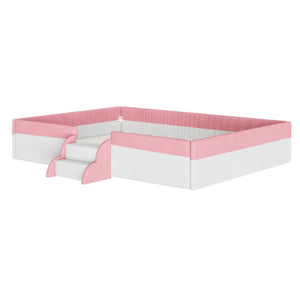English Elm Full Size Corduroy Floor Bed with Padded Guardrails Steps and LED Underlighting Pink+White SF000221AAH