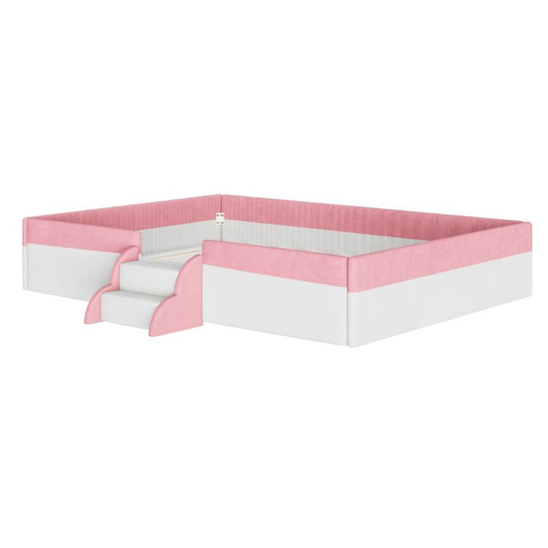 English Elm Full Size Corduroy Floor Bed with Padded Guardrails Steps and LED Underlighting Pink+White SF000221AAH