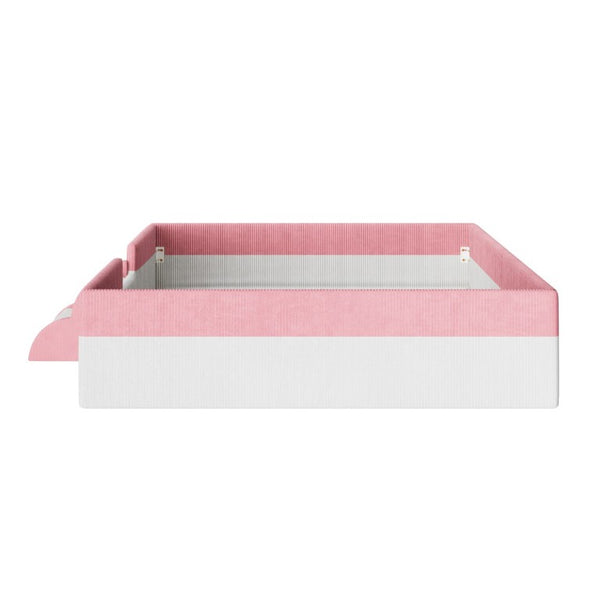English Elm Full Size Corduroy Floor Bed with Padded Guardrails Steps and LED Underlighting Pink+White SF000221AAH