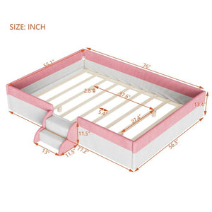 English Elm Full Size Corduroy Floor Bed with Padded Guardrails Steps and LED Underlighting Pink+White SF000221AAH