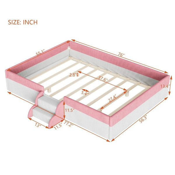 English Elm Full Size Corduroy Floor Bed with Padded Guardrails Steps and LED Underlighting Pink+White SF000221AAH