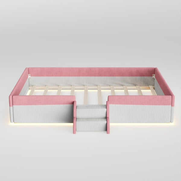 English Elm Full Size Corduroy Floor Bed with Padded Guardrails Steps and LED Underlighting Pink+White SF000221AAH