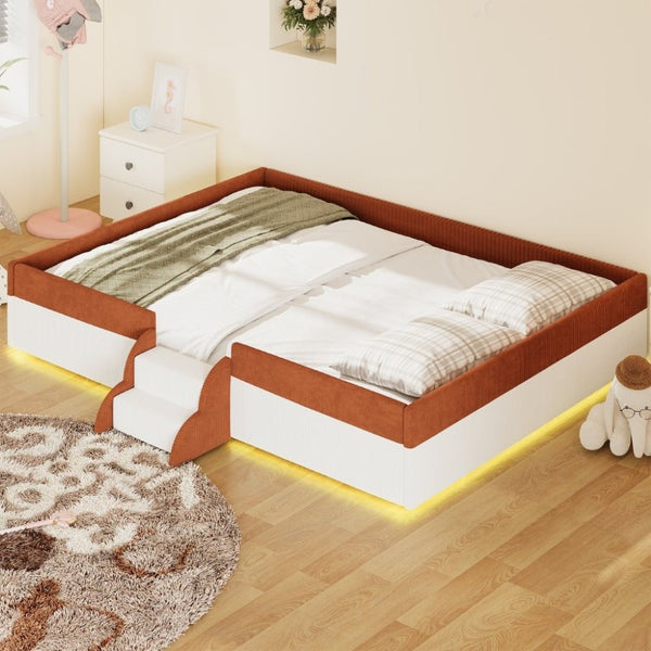 English Elm Queen Corduroy Platform Floor Bed with Guardrail Steps and RGB Ambient LED Lighting Brown+White SF000222AAD