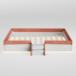 English Elm Queen Corduroy Platform Floor Bed with Guardrail Steps and RGB Ambient LED Lighting Brown+White SF000222AAD