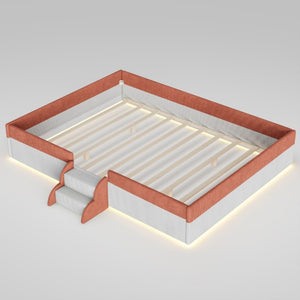 English Elm Queen Corduroy Platform Floor Bed with Guardrail Steps and RGB Ambient LED Lighting Brown+White SF000222AAD