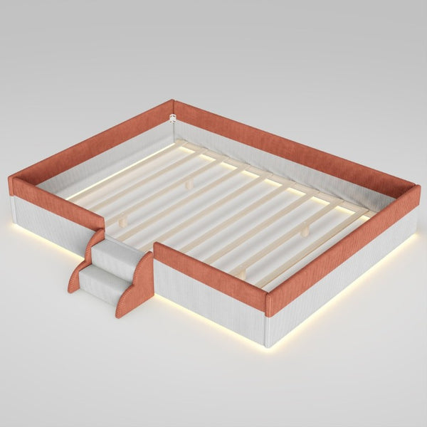 English Elm Queen Corduroy Platform Floor Bed with Guardrail Steps and RGB Ambient LED Lighting Brown+White SF000222AAD