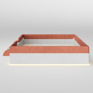 English Elm Queen Corduroy Platform Floor Bed with Guardrail Steps and RGB Ambient LED Lighting Brown+White SF000222AAD