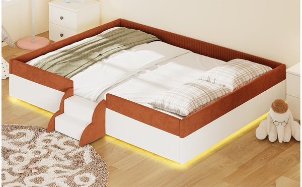 English Elm Queen Corduroy Platform Floor Bed with Guardrail Steps and RGB Ambient LED Lighting Brown+White SF000222AAD