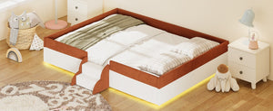 English Elm Queen Corduroy Platform Floor Bed with Guardrail Steps and RGB Ambient LED Lighting Brown+White SF000222AAD