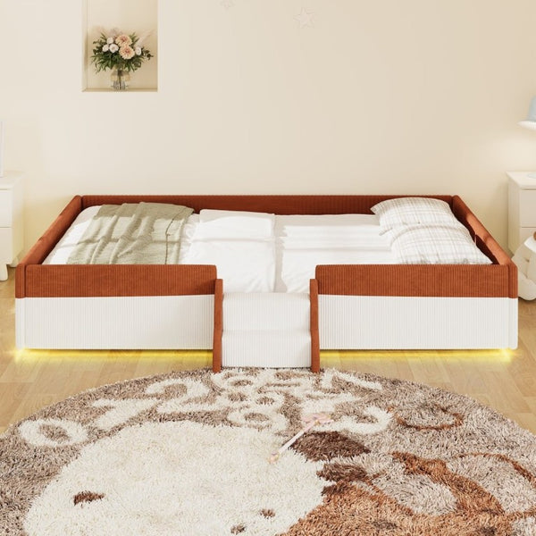 English Elm Queen Corduroy Platform Floor Bed with Guardrail Steps and RGB Ambient LED Lighting Brown+White SF000222AAD