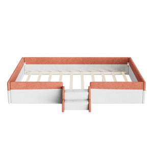 English Elm Queen Corduroy Platform Floor Bed with Guardrail Steps and RGB Ambient LED Lighting Brown+White SF000222AAD