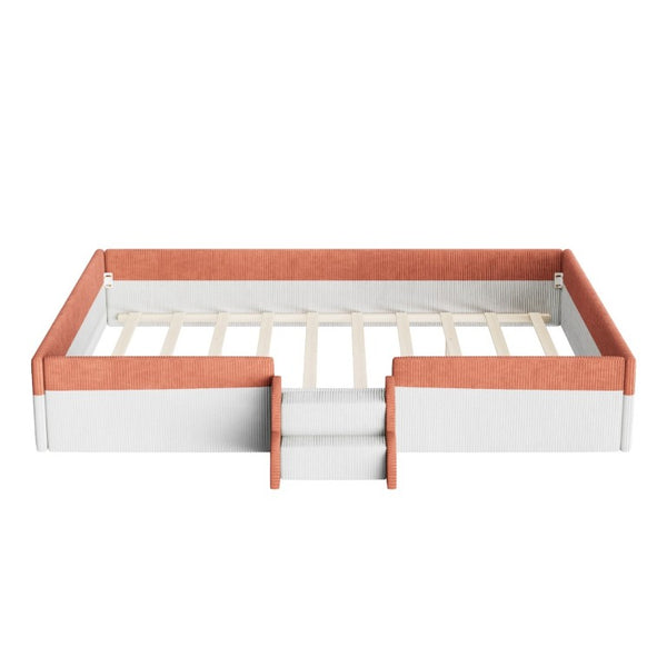 English Elm Queen Corduroy Platform Floor Bed with Guardrail Steps and RGB Ambient LED Lighting Brown+White SF000222AAD