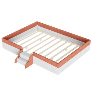 English Elm Queen Corduroy Platform Floor Bed with Guardrail Steps and RGB Ambient LED Lighting Brown+White SF000222AAD