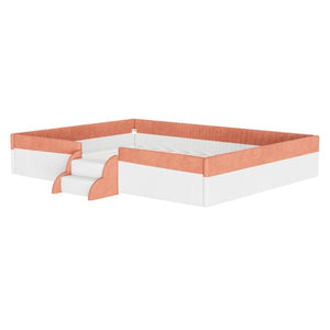 English Elm Queen Corduroy Platform Floor Bed with Guardrail Steps and RGB Ambient LED Lighting Brown+White SF000222AAD