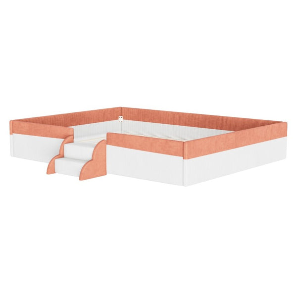 English Elm Queen Corduroy Platform Floor Bed with Guardrail Steps and RGB Ambient LED Lighting Brown+White SF000222AAD