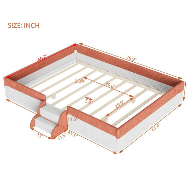 English Elm Queen Corduroy Platform Floor Bed with Guardrail Steps and RGB Ambient LED Lighting Brown+White SF000222AAD