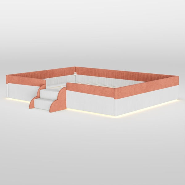 English Elm Queen Corduroy Platform Floor Bed with Guardrail Steps and RGB Ambient LED Lighting Brown+White SF000222AAD