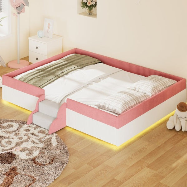English Elm Queen Corduroy Platform Floor Bed with Guardrail Steps and RGB Ambient LED Lighting Pink+White SF000222AAH