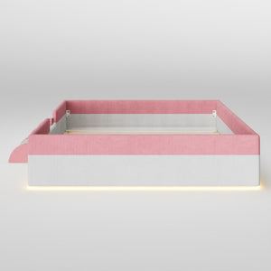 English Elm Queen Corduroy Platform Floor Bed with Guardrail Steps and RGB Ambient LED Lighting Pink+White SF000222AAH