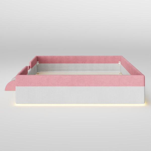 English Elm Queen Corduroy Platform Floor Bed with Guardrail Steps and RGB Ambient LED Lighting Pink+White SF000222AAH