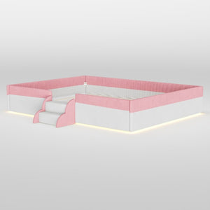 English Elm Queen Corduroy Platform Floor Bed with Guardrail Steps and RGB Ambient LED Lighting Pink+White SF000222AAH