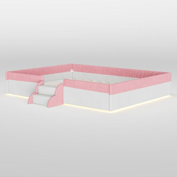 English Elm Queen Corduroy Platform Floor Bed with Guardrail Steps and RGB Ambient LED Lighting Pink+White SF000222AAH