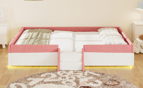 English Elm Queen Corduroy Platform Floor Bed with Guardrail Steps and RGB Ambient LED Lighting Pink+White SF000222AAH