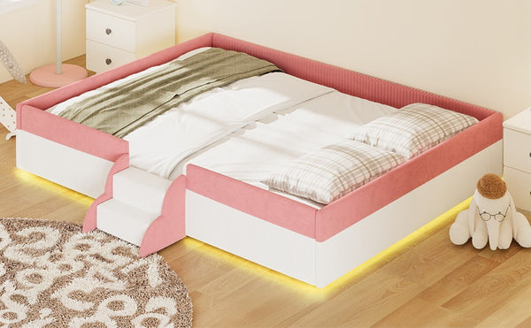 English Elm Queen Corduroy Platform Floor Bed with Guardrail Steps and RGB Ambient LED Lighting Pink+White SF000222AAH