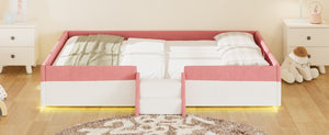 English Elm Queen Corduroy Platform Floor Bed with Guardrail Steps and RGB Ambient LED Lighting Pink+White SF000222AAH