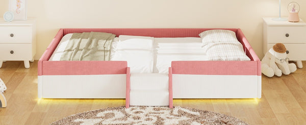 English Elm Queen Corduroy Platform Floor Bed with Guardrail Steps and RGB Ambient LED Lighting Pink+White SF000222AAH