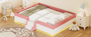 English Elm Queen Corduroy Platform Floor Bed with Guardrail Steps and RGB Ambient LED Lighting Pink+White SF000222AAH