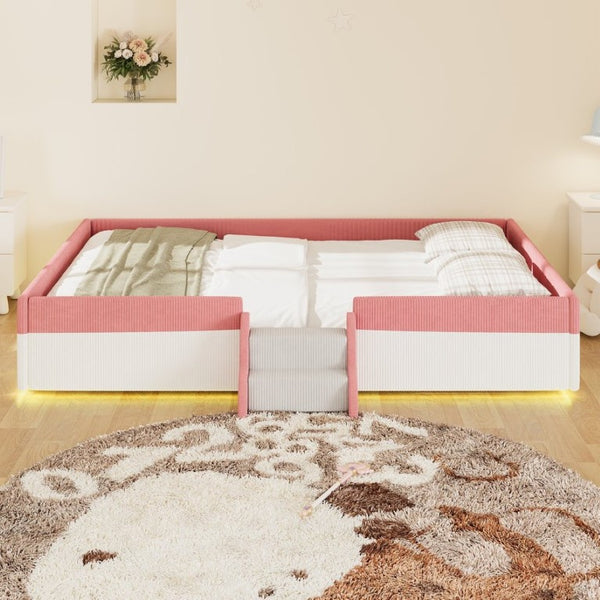 English Elm Queen Corduroy Platform Floor Bed with Guardrail Steps and RGB Ambient LED Lighting Pink+White SF000222AAH