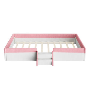 English Elm Queen Corduroy Platform Floor Bed with Guardrail Steps and RGB Ambient LED Lighting Pink+White SF000222AAH