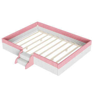 English Elm Queen Corduroy Platform Floor Bed with Guardrail Steps and RGB Ambient LED Lighting Pink+White SF000222AAH
