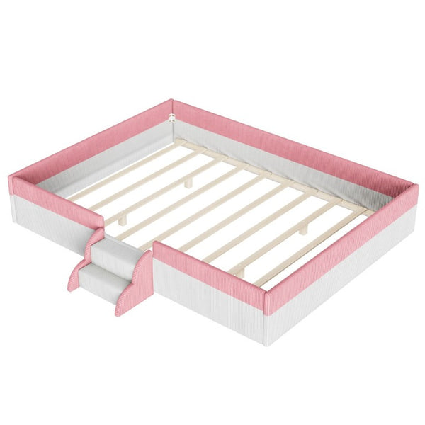English Elm Queen Corduroy Platform Floor Bed with Guardrail Steps and RGB Ambient LED Lighting Pink+White SF000222AAH