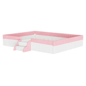 English Elm Queen Corduroy Platform Floor Bed with Guardrail Steps and RGB Ambient LED Lighting Pink+White SF000222AAH