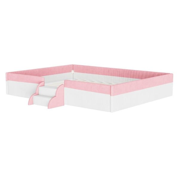 English Elm Queen Corduroy Platform Floor Bed with Guardrail Steps and RGB Ambient LED Lighting Pink+White SF000222AAH
