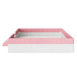 English Elm Queen Corduroy Platform Floor Bed with Guardrail Steps and RGB Ambient LED Lighting Pink+White SF000222AAH