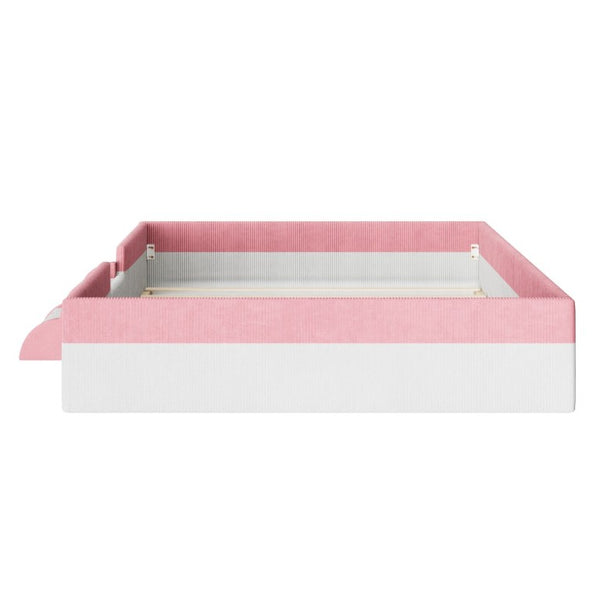 English Elm Queen Corduroy Platform Floor Bed with Guardrail Steps and RGB Ambient LED Lighting Pink+White SF000222AAH