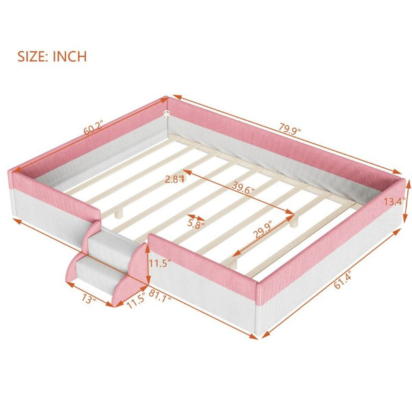 English Elm Queen Corduroy Platform Floor Bed with Guardrail Steps and RGB Ambient LED Lighting Pink+White SF000222AAH
