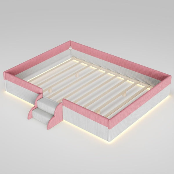 English Elm Queen Corduroy Platform Floor Bed with Guardrail Steps and RGB Ambient LED Lighting Pink+White SF000222AAH